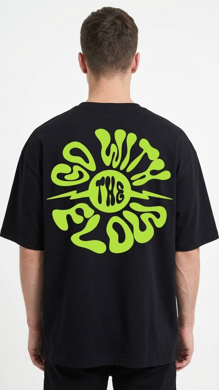 Oversized Black T-Shirt with Neon Green Graphic Print, Short Sleeve, Casual Streetwear Style