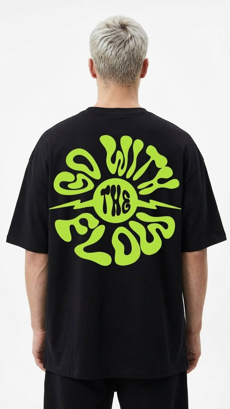 Oversized Black T-Shirt with Neon Green Graphic Print, Short Sleeve, Casual Streetwear Style