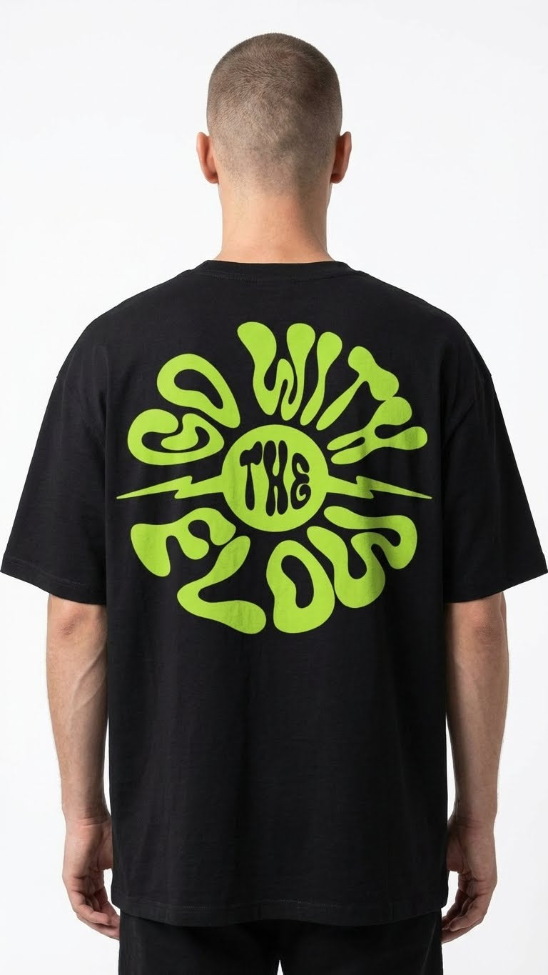 Oversized Black T-Shirt with Neon Green Graphic Print, Short Sleeve, Casual Streetwear Style