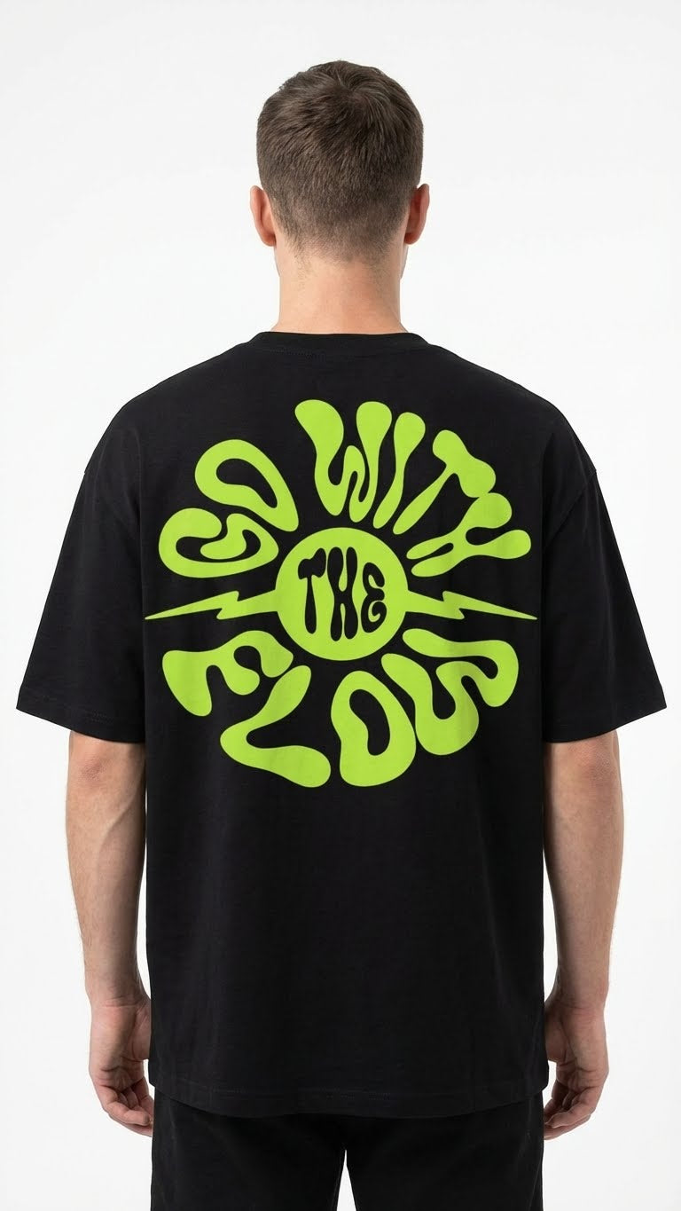 Oversized Black T-Shirt with Neon Green Graphic Print, Short Sleeve, Casual Streetwear Style