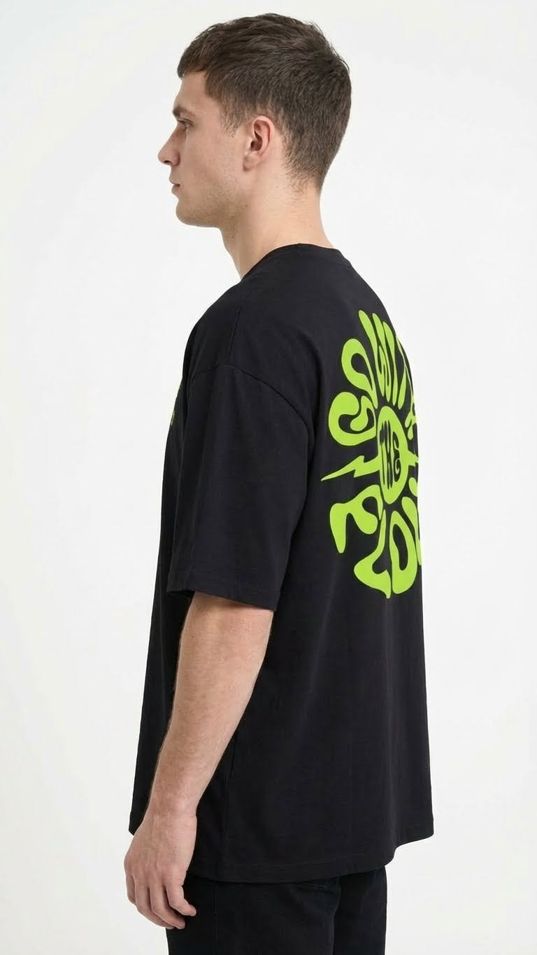 Oversized Black T-Shirt with Neon Green Graphic Print, Short Sleeve, Casual Streetwear Style