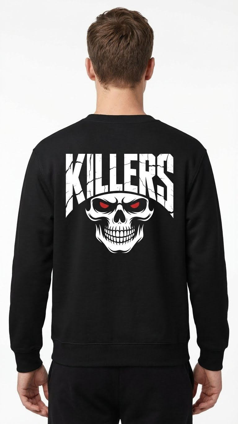 Killers Skull Graphic Fleece Sweatshirt, Black, Long Sleeve, Red Eyes Design, Crew Neck