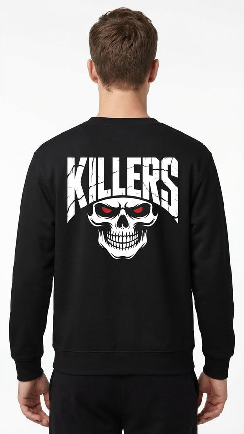 Killers Skull Graphic Fleece Sweatshirt, Black, Long Sleeve, Red Eyes Design, Crew Neck