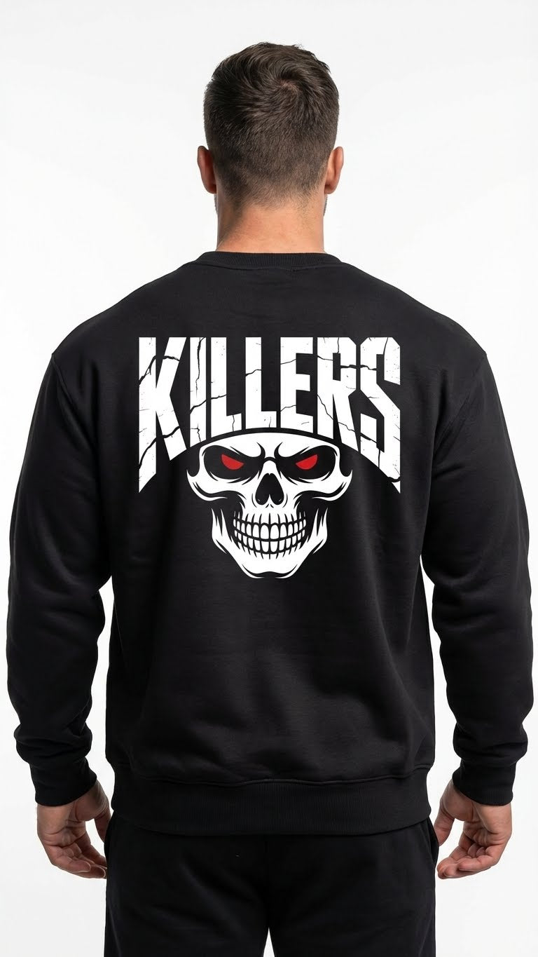 Killers Skull Graphic Fleece Sweatshirt, Black, Long Sleeve, Red Eyes Design, Crew Neck