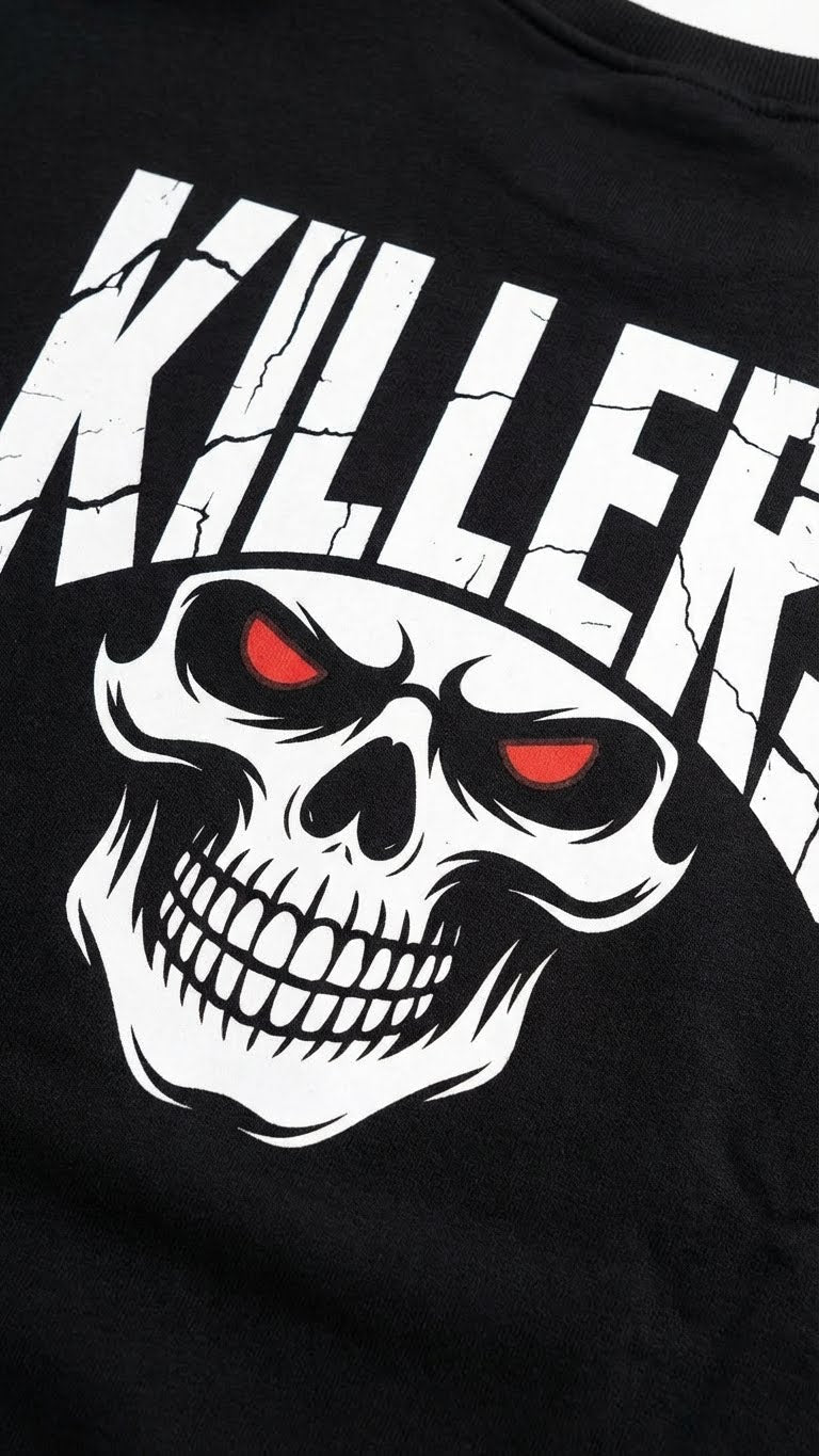 Killers Skull Graphic Fleece Sweatshirt, Black, Long Sleeve, Red Eyes Design, Crew Neck