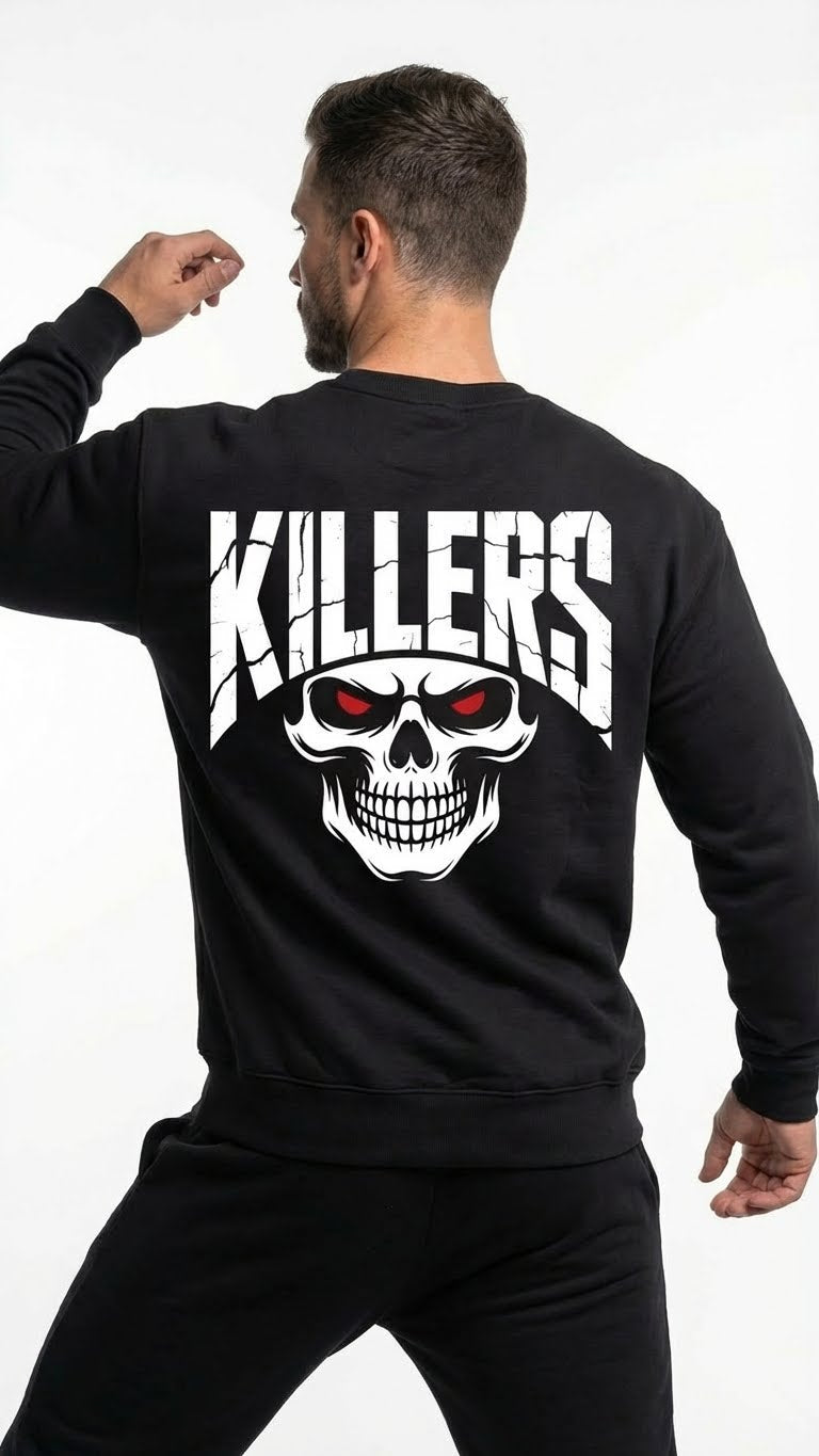 Killers Skull Graphic Fleece Sweatshirt, Black, Long Sleeve, Red Eyes Design, Crew Neck