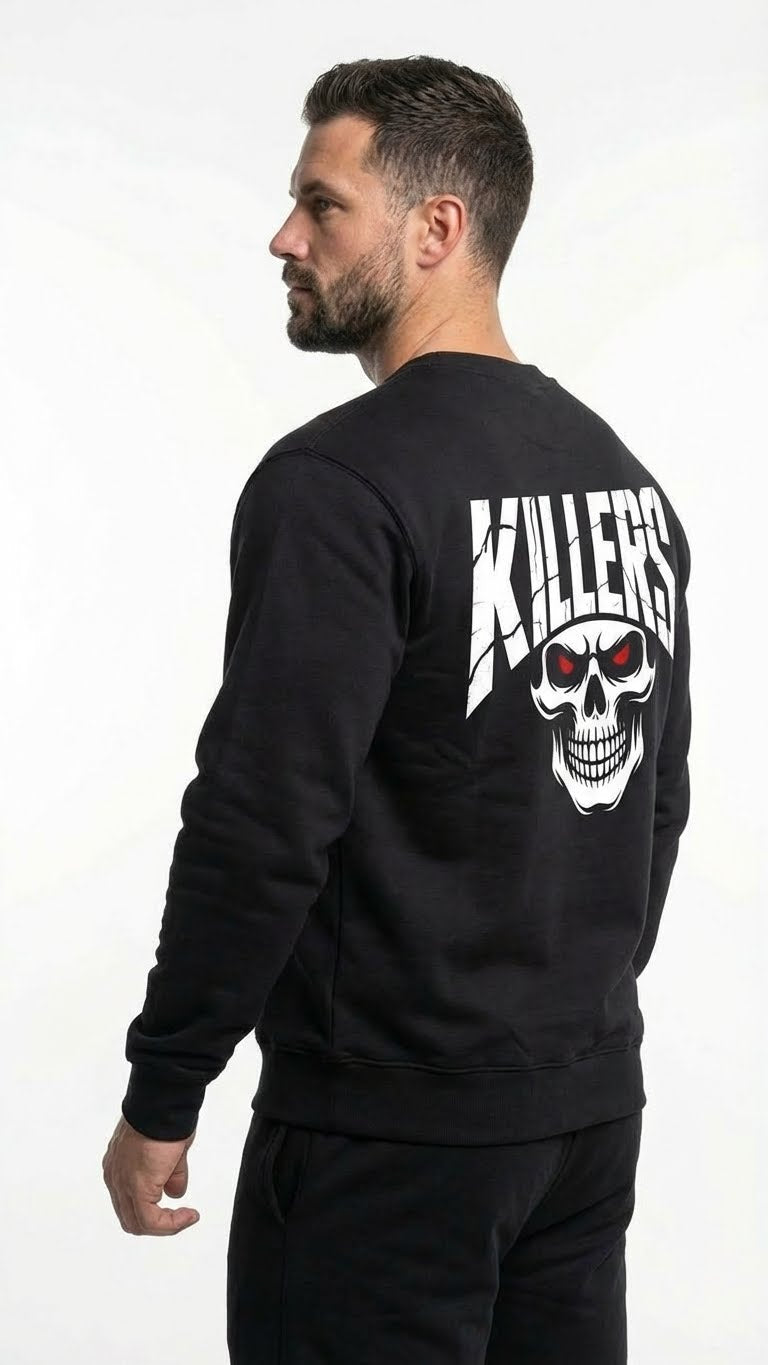 Killers Skull Graphic Fleece Sweatshirt, Black, Long Sleeve, Red Eyes Design, Crew Neck