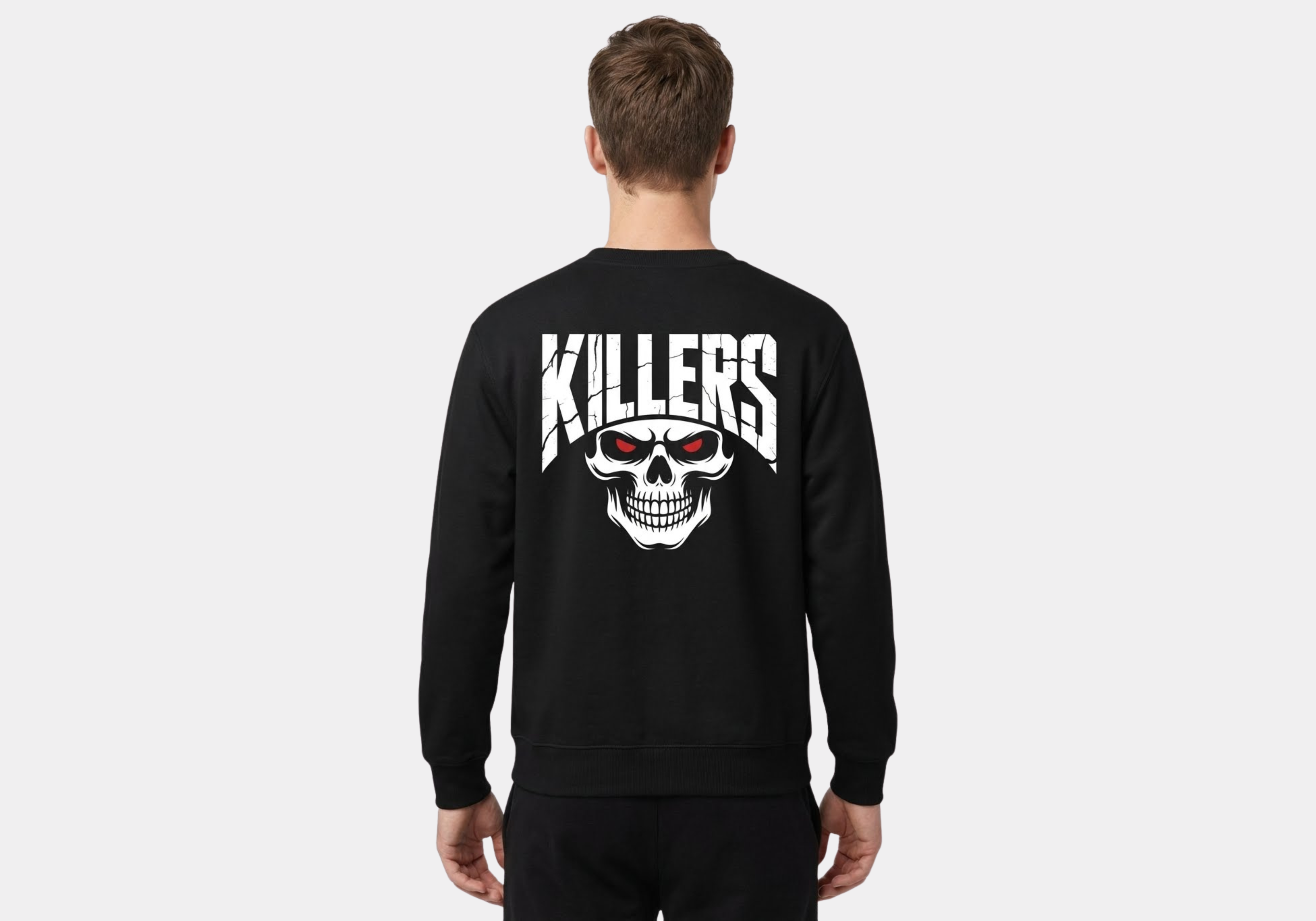 Killers Skull Graphic Fleece Sweatshirt, Black, Long Sleeve, Red Eyes Design, Crew Neck