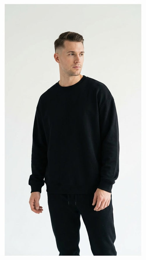 Fleece Solid Black Crewneck Sweatshirt, Long Sleeve Cotton, Casual Pullover