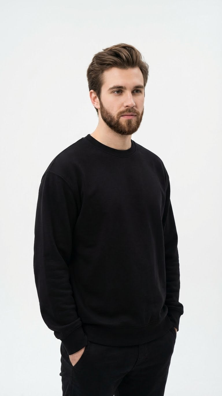 Fleece Solid Black Crewneck Sweatshirt, Long Sleeve Cotton, Casual Pullover