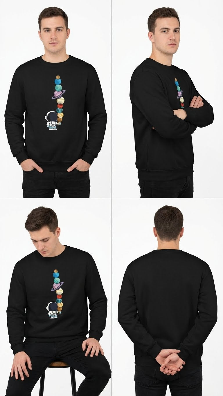 Men's Black Sweatshirt with Astronaut and Planets Graphic Print, Long Sleeve Crew Neck