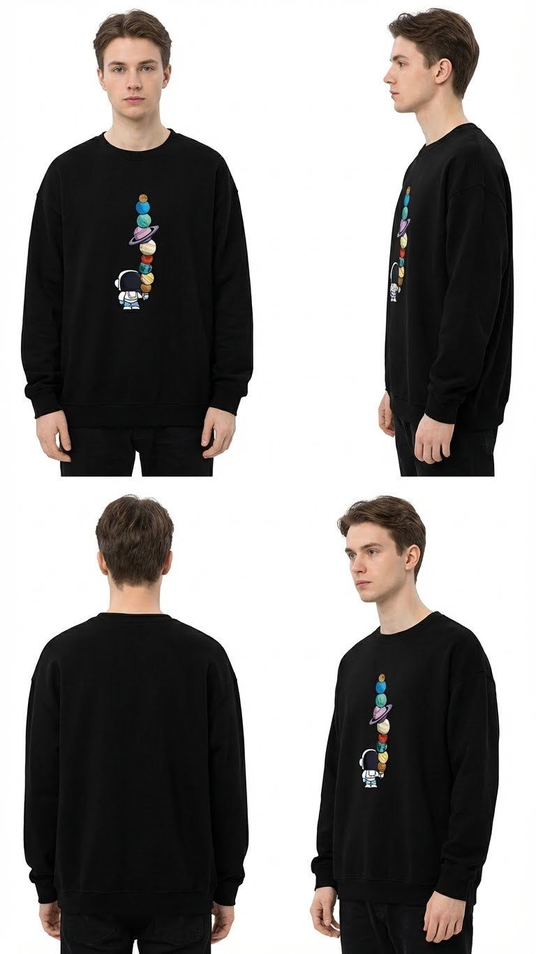 Men's Black Sweatshirt with Astronaut and Planets Graphic Print, Long Sleeve Crew Neck