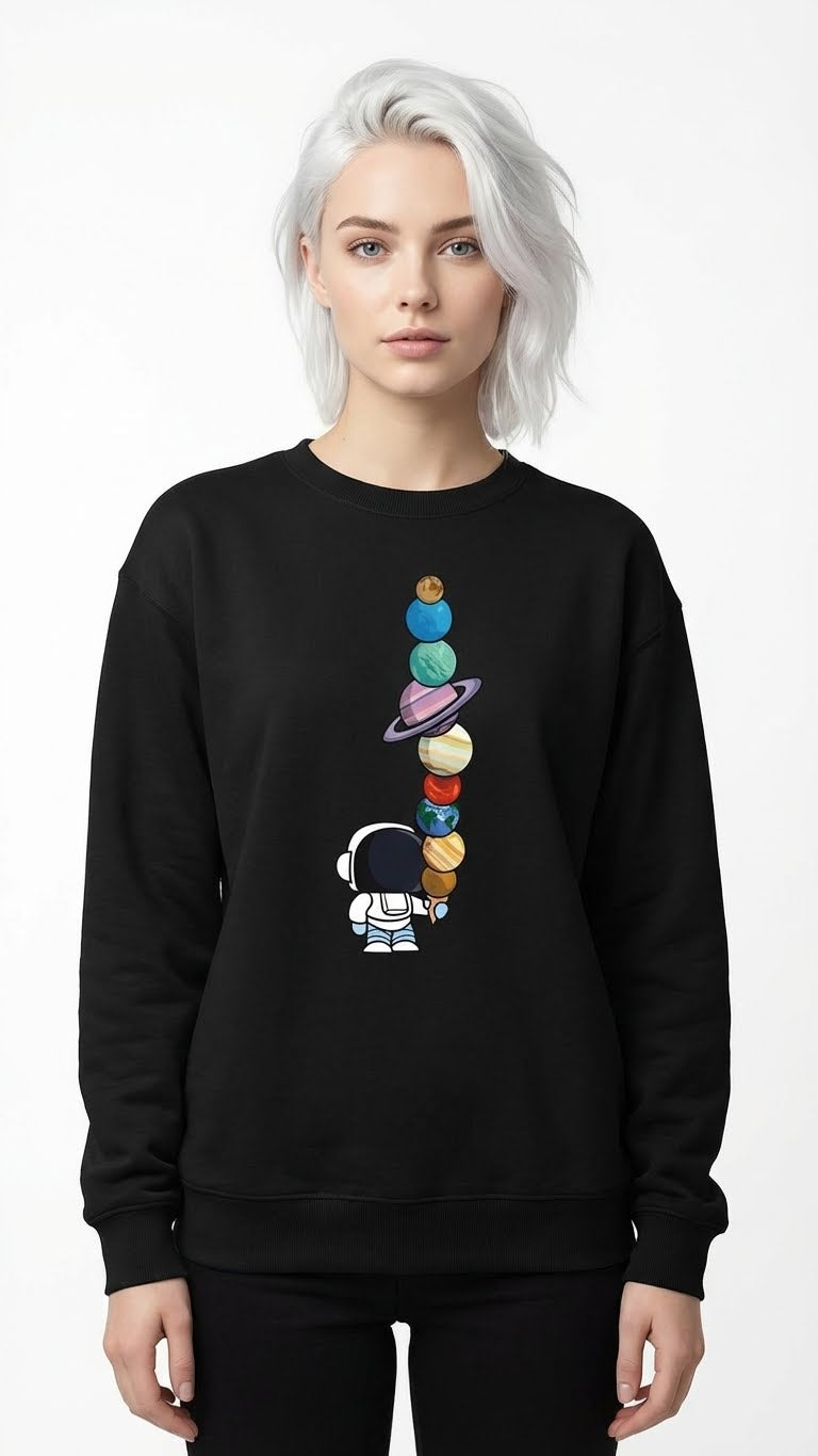 Men's Black Sweatshirt with Astronaut and Planets Graphic Print, Long Sleeve Crew Neck