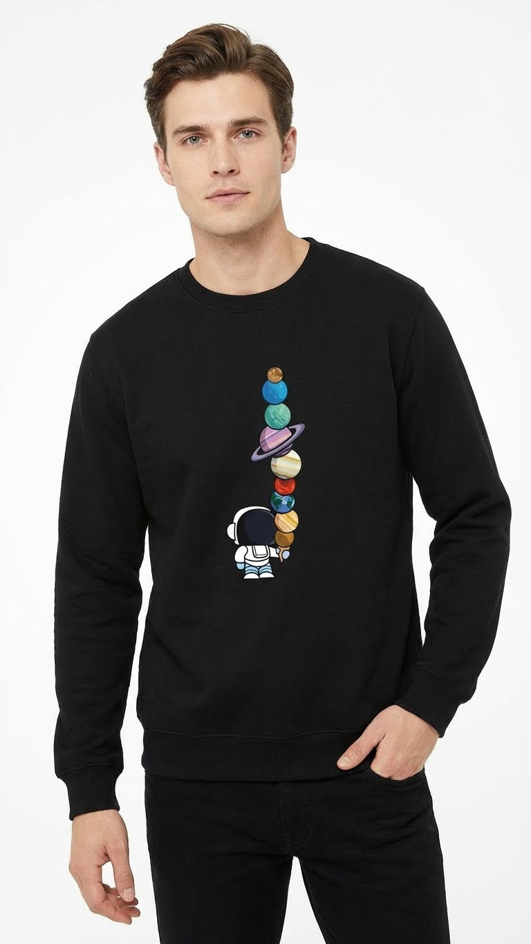 Men's Black Sweatshirt with Astronaut and Planets Graphic Print, Long Sleeve Crew Neck