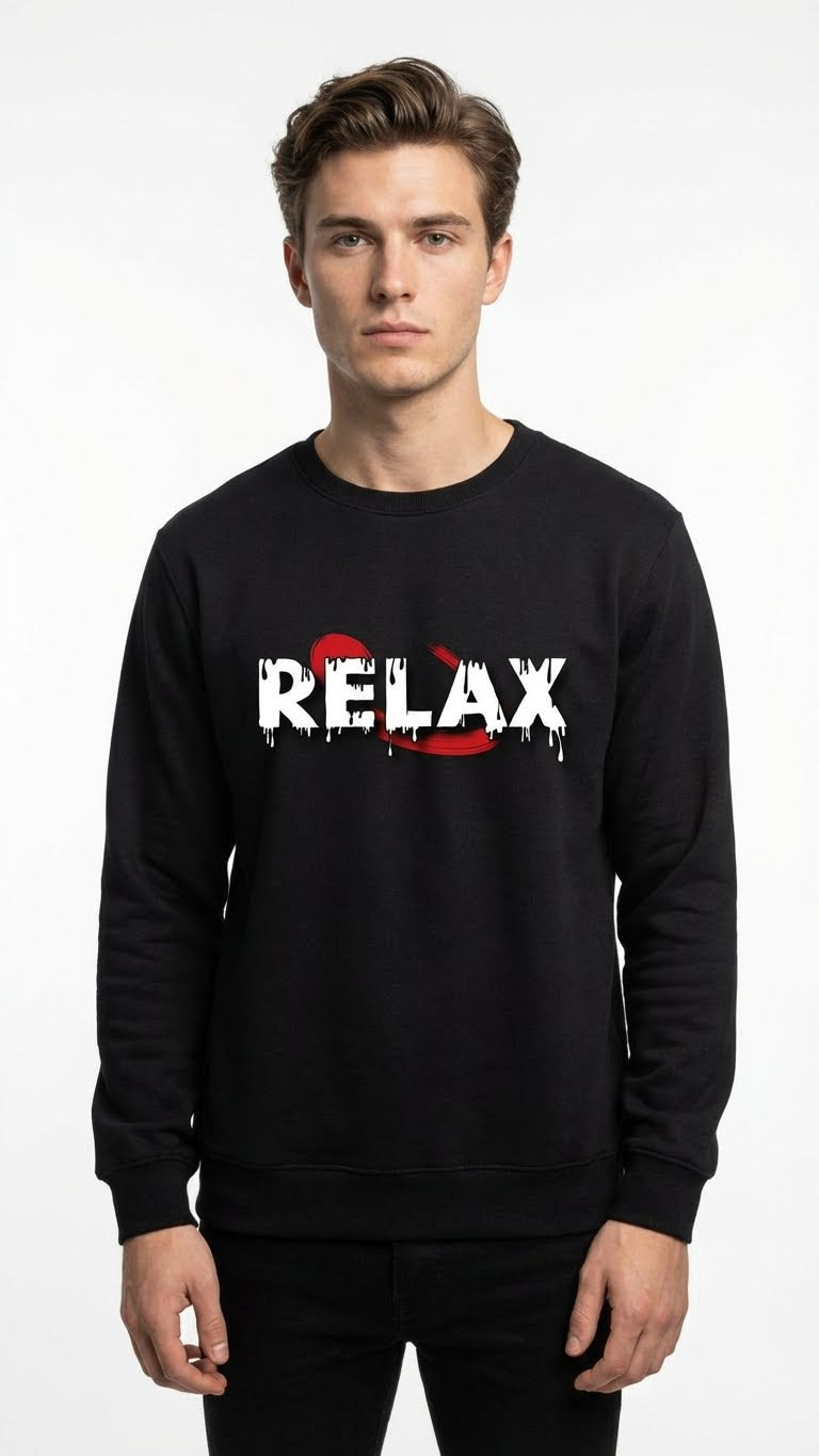 Relax Printed Graphic Sweatshirt, Black, Long Sleeve, Crew Neck, Dripping Text Design Winter wear
